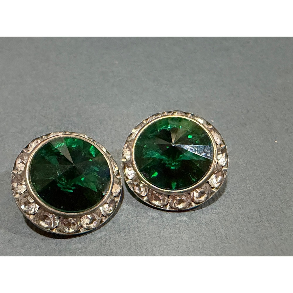 Vintage Green Glass Rivoli Center Stone Clip-On Earrings Vintage Rhinestone Halo